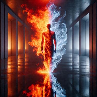 The primary subject of the image is a man, who appears to be a silhouette or a figure with a red and blue flame-like effect. The setting is a hallway with pillars, and the visual style is a combination of photo and digital art. The dominant colors in the image are red and blue, creating a striking and dramatic atmosphere.